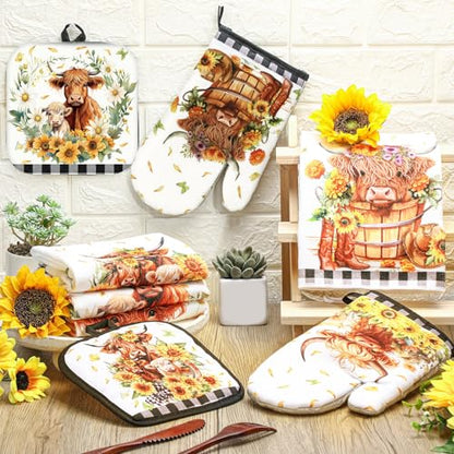 VitalCozy 8 Pcs Highland Cow Kitchen Towels Pot Holders Oven Mitt Set Absorbent Highland Cattle Dish Towels Square Potholders Watercolor Heat Resistant Glove for Home Cooking Baking Gift(Sunflower) - style: Sunflower