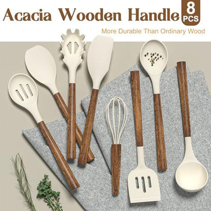 Non-Stick Silicone Kitchen Utensils Set with Natural Acacia Hard Wood Handle, Umite Chef 8 Pieces Kitchen Spatulas set, White, BPA Free, Baking, Serving and Cooking Utensils - color: White