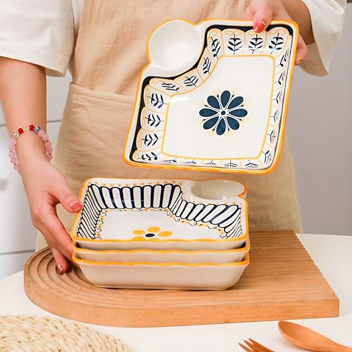 Noamus 4 Pack Dumpling Plate with Dipping Saucer, 7.5" Ceramic Japanese Sushi Platter, Colorful Square Serving Plate with Dish for Home Kitchen, Snack Dessert Salad Fries Fruit Gyoza