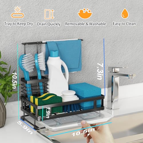 Kitchen Sink Organizer with Brush Rack - Sink Caddy with Drain-Pan | Stainless Steel Sponge Holder for Kitchen Sink with Towel Rack, Organizer for Dish Soap Dispenser, 10.5"L × 5.9"W × 10.5"H