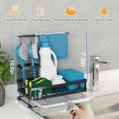 Kitchen Sink Organizer with Brush Rack - Sink Caddy with Drain-Pan | Stainless Steel Sponge Holder for Kitchen Sink with Towel Rack, Organizer for Dish Soap Dispenser, 10.5"L × 5.9"W × 10.5"H
