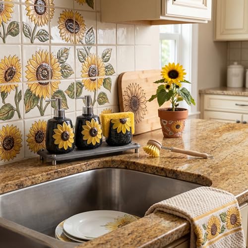 4 Pcs Sunflower Kitchen Decor Ceramic Soap Dispenser Set Comes with Sponge Tray Instant Dry Tray Suitable for Kitchen Accessories Bathroom Decor Housewarming Gifts - style: Sunflower