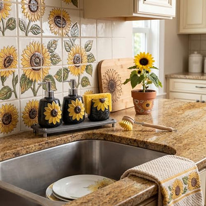 4 Pcs Sunflower Kitchen Decor Ceramic Soap Dispenser Set Comes with Sponge Tray Instant Dry Tray Suitable for Kitchen Accessories Bathroom Decor Housewarming Gifts - style: Sunflower