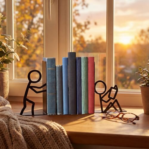 4 Pcs Metal Bookends People Bookends Decorative Bookshelf Decor for Book Lovers Gifts Cute Book Ends for Shelves Bookshelf Home Office Desk Reading Decor