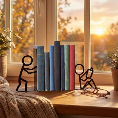 4 Pcs Metal Bookends People Bookends Decorative Bookshelf Decor for Book Lovers Gifts Cute Book Ends for Shelves Bookshelf Home Office Desk Reading Decor