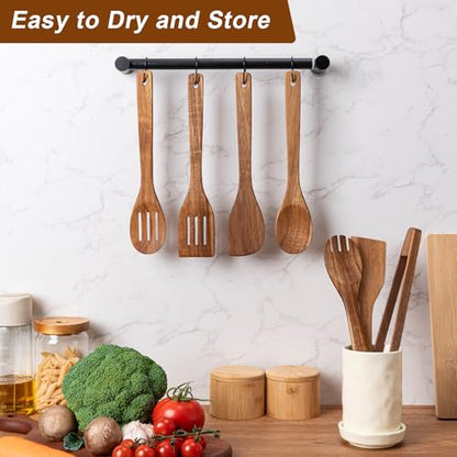 Eisinly Wooden Spoons for Cooking 7-Piece, Kitchen Nonstick Wood Cooking Utensils Set, Durability Wooden Spatula Spoon for Everyday Use, Brown - color: Brown-Wood, style: Square-edge