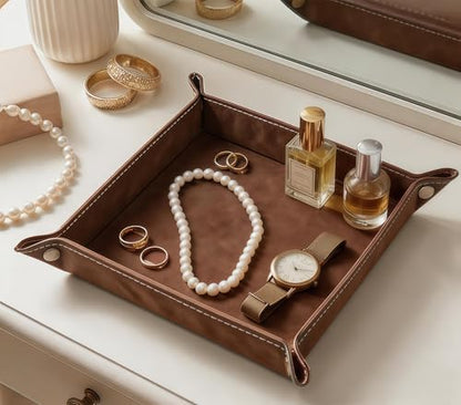 Valet Tray Desktop Storage Organizer – Vegan Leather Catchall Bedside Vanity Tray Nightstand Caddy Holder for Remote Controller, Watch, Keys, Phone, Wallet, Coin, Jewelry, Stone Brown - color: Stone Brown