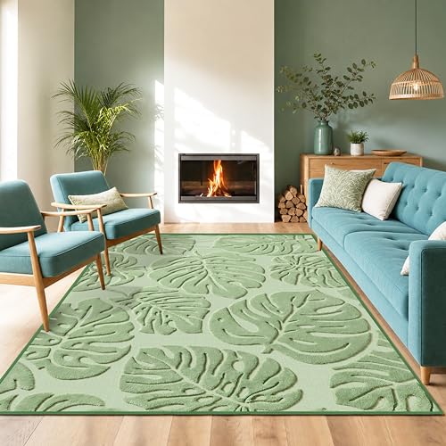 Sage Green Monstera Area Rug 6x9, High-Low Plush Pile Washable Rugs for Living Room Bedroom, Tropical Non Slip Nursery Carpet Soft Indoor Shag Rugs for Dining Room - color: Green, size: 6' x 9' (Rectangular)