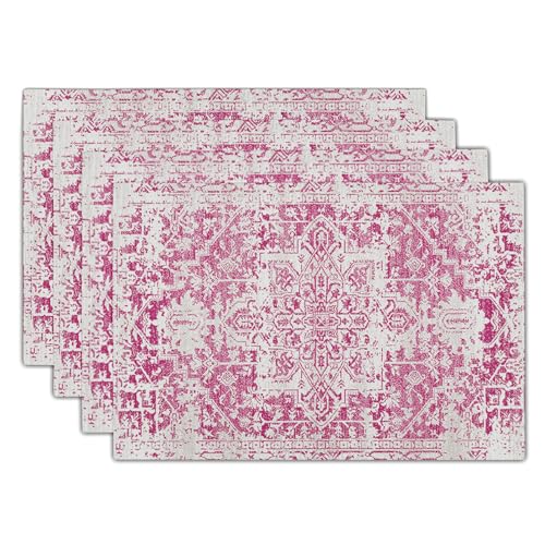 Gray Hot Pink Boho Placemats Set of 4 Ethnic Bohemian Carpet Place Mats Washable Kitchen Dining Vintage Grey Geography Floral Linen Table Mats Stain Heat-Resistant for Home Party Indoor 12x18 in - color: Hot Pink, size: 18x12 Inches