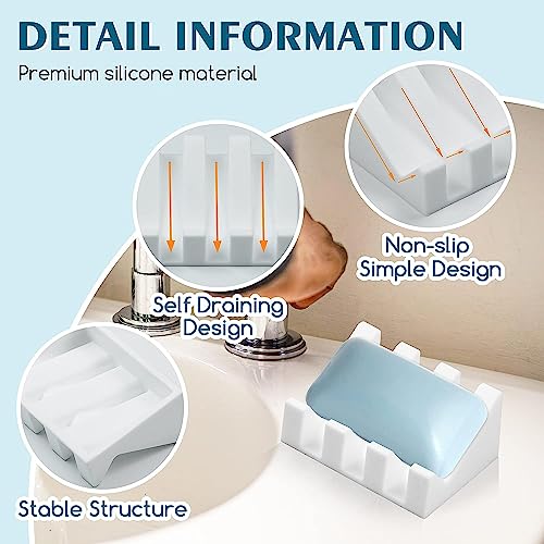 Silicone Soap Dish Self Draining with Suction Cups (White, 1 Pack) | Waterfall drainage design drains fast to keep soap dry non-slip silicone base, practical soap saver for bathroom & kitchen - color: White, size: 1