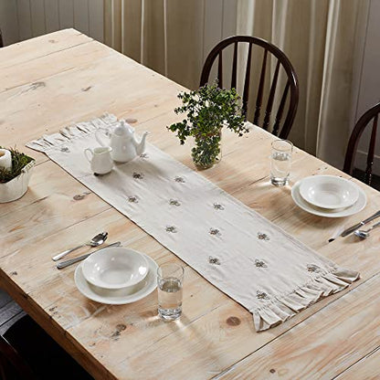 VHC Brands Embroidered Bee, Farmhouse Table Runner, Ruffled, Rectangle, Yellow Grey, 13x48 - size: 13x48