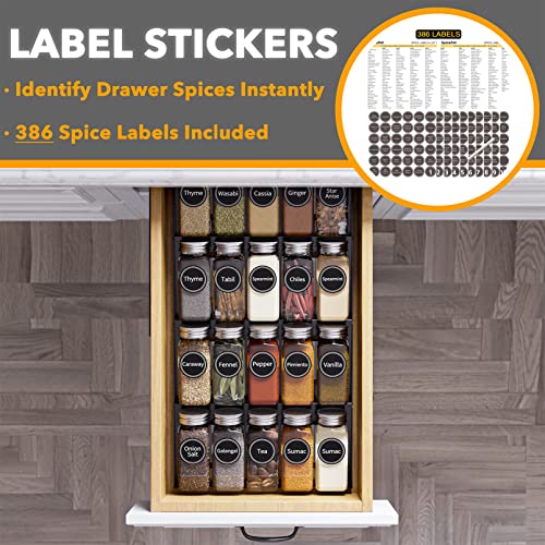 SpaceAid Spice Drawer Organizer with 20 Spice Jars, 386 Spice Labels, 4 Tier Seasoning Rack Tray Insert for Kitchen Drawers, 9-1/2" Wide x 17-1/2" Deep - size: 20 Jars, 9.5" Wide