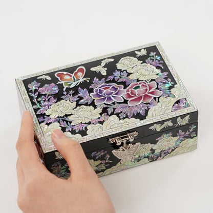 Korean Mother-of-Pearl Keepsake Box with Mirror – Floral & Butterfly Inlay – Handmade Trinket Memory Box – Black Lacquer Gift for Women, Birthday, Anniversary, Christmas (Peony & Butterfly) - style: Peony & Butterfly