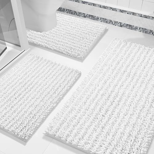 Yimobra Bathroom Rug Set 3 Piece - Super Absorbent Quick Dry Chenille Bath Mats & Toilet Rug, Non Slip Machine Washable, Extra Thick Shaggy Floor Mat for Shower Tub Sink, White - color: White, size: 24"x20" + 30"x20"+ 44"x24"