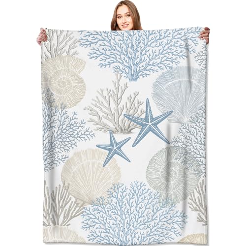 Nautical Beach Flannel Throw Blanket 50x60 Inch, Blue Beige Coral Seashell Starfish Ocean Decor, Soft Sea Fleece Blankets for Sofa Couch Bedroom, Coastal Home Decorative Gifts for Marine Lovers - color: Nautical01, size: 50x60in