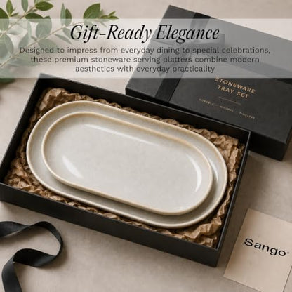 SANGO Anderson Serving Platters Set of 2, 14/12 Inch Stoneware Serving Dishes for Entertaining, Glossy Party Serving Trays for Food, Buffet Oval Platters for Bread, Appetizer, Cheese, Reactive Cream - color: Cream