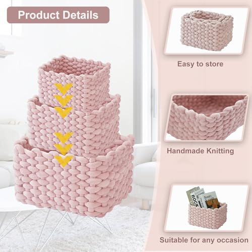 hand-knitted velvet rope storage basket set of 3 - soft cotton rope desktop cosmetics organizer box - nesting multi-functional storage basket (pink) - color: Light Pink