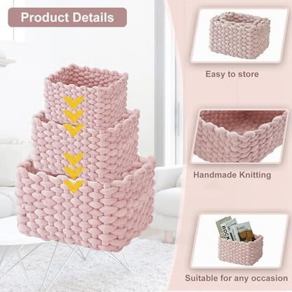 hand-knitted velvet rope storage basket set of 3 - soft cotton rope desktop cosmetics organizer box - nesting multi-functional storage basket (pink) - color: Light Pink