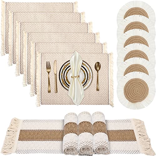 Boho Macrame Table Runner Placemat and Coaster Set of 13, Rustic Table Runner with Tassel Absorbent Boho Placemat Natrual Burlap Farmhouse Coaster for Drink Bohemian Dining Kitchen Desk Decor (Retro)