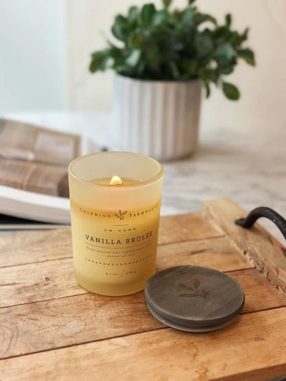 Charming Farmhouse by DW Home Vanilla Brûlée Scented Candle, 14 oz Wooden Wick Candle, Vanilla Bean, Toffee & Toasted Marshmallow Fragrance, Frosted Glass Jar, Up to 56 Hour Burn Time - color: Vanilla Brulee, size: 14 oz