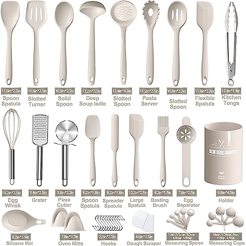 Silicone Kitchen cooking Utensils Set, AIKKIL 43 Pcs Heat Resistant Khaki Cooking Utensils Set, Turner, Tongs, Spoon, Spatula, Kitchen Gadgets Tools Set For Nonstick Cookware(Dishwasher, BPA Free) - color: Khaki