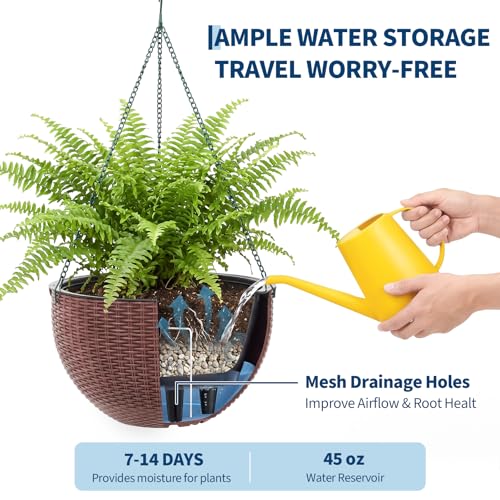 13.8 Inch Self Watering Hanging Planter, 2PCS Round Resin Hanging Basket for Indoor Outdoor Plants, Rattan Look Flower Pot with Drainage Plug, Deep Inner Pot and Sturdy Metal Triple-Chain Hanger - color: Coffee Brown