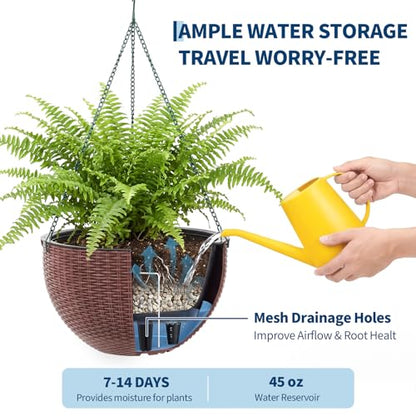 13.8 Inch Self Watering Hanging Planter, 2PCS Round Resin Hanging Basket for Indoor Outdoor Plants, Rattan Look Flower Pot with Drainage Plug, Deep Inner Pot and Sturdy Metal Triple-Chain Hanger - color: Coffee Brown