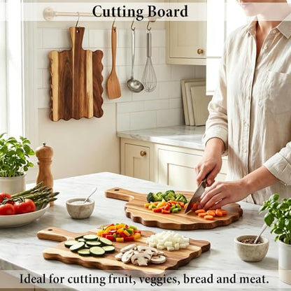 2Pcs Acacia Wood Scalloped Cutting Board with Handle Wooden Chopping Board Decorative Cutting Boards for Kitchen Decor Charcuterie Boards Serving Tray for Cheese Bread Pizza Fruit Meat
