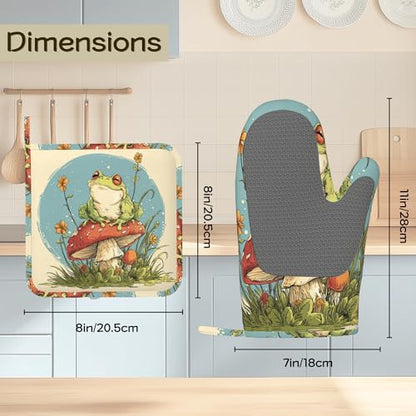Cute Frog Mushroom Oven Mitts and Pot Holders Sets of 4, Heat Resistant Silicone Oven Mitts Gloves Non-Slip Kitchen Mittens Potholders for Cooking Baking Grilling BBQ - color: Cute Frog Mushroom