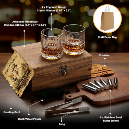 Whiskey Glasses Set with Stainless Steel Cooling Stones, for Men | Ideal for Birthday, Christmas, Gift for Dad Husband Boyfriend, Keeps Drinks Cold Without Dilution, Classic Home Bar Accessory