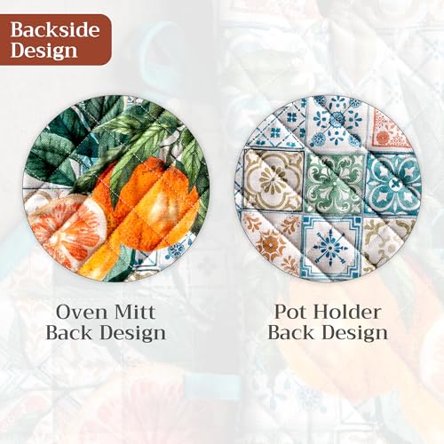 Maison d' Hermine 100% Cotton Oven Mitt & Pot Holder Set (7.5"x13" & 8"x8") | Heat Resistant BBQ Cooking Gloves with Loop Baking Grilling Kitchen Hotel Home Farmhouse Spring Summer - Agrume - color: 010 - Agrume, size: 7.5" x 13" & 8" x 8" (Oven Mitt & Po