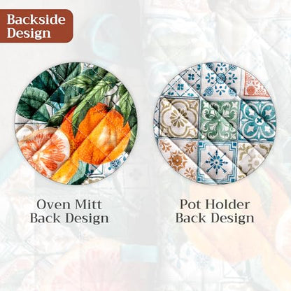 Maison d' Hermine 100% Cotton Oven Mitt & Pot Holder Set (7.5"x13" & 8"x8") | Heat Resistant BBQ Cooking Gloves with Loop Baking Grilling Kitchen Hotel Home Farmhouse Spring Summer - Agrume - color: 010 - Agrume, size: 7.5" x 13" & 8" x 8" (Oven Mitt & Po