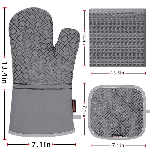 Oven Mitts and Pot Holders Sets 6pcs, Kitchen Oven Glove,High Heat Resistant 550 Degree Extra Long Oven Mitts and Potholders with Non-Slip Silicone Surface for Home Essentials (Grey) (Gray) - color: Gray