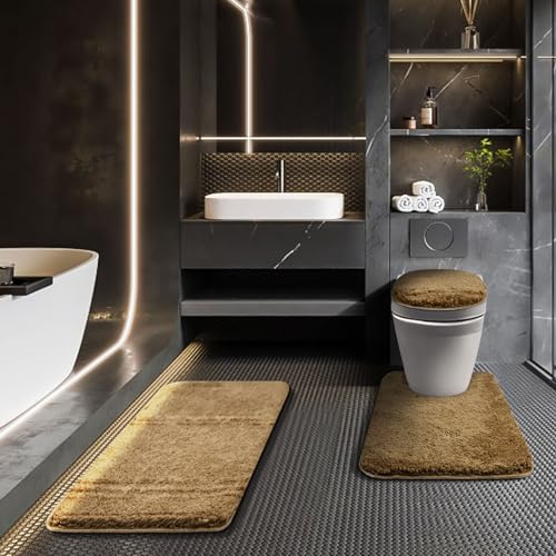 Bathroom Rugs Sets 3 Piece with Toilet Seat Cover 17.5"x 15" | Machine Washable Bath Rug Set with Tpr Non Slip Rubber Backing Solid Bath Mat Set for Luxury Bathroom Decoration - color: Taupe, size: 17.5" x 15"+ 32" x 20"+ U 24" x 20"