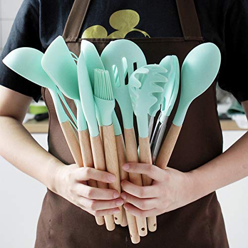 Kitchen Cooking Utensils Set, 27 pcs Non-stick Silicone Cooking Kitchen Utensils Spatula Set with Holder, Wooden Handle Heat Resistant Silicone Kitchen Gadgets Utensil Set