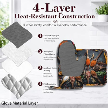 Various Spices and Herbs Heat-Resistant Oven Mitts and Pot Holder Kitchen Non-Slip Silicone Cooking Microwave Gloves for Cooking Baking Grilling - color: Various Spices and Herbs