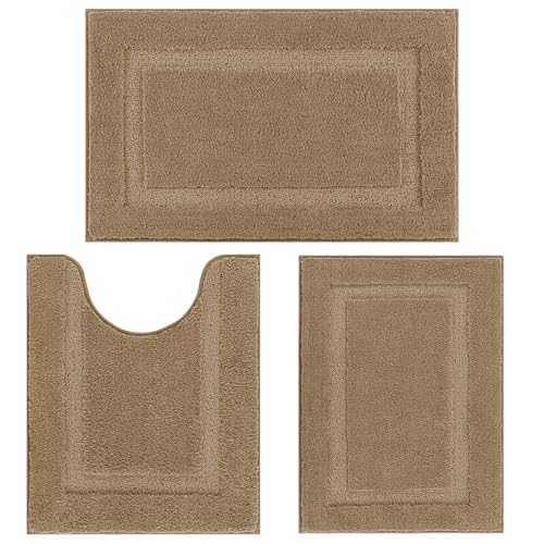 SHACOS Khaki Brown Bathroom Rugs Sets 3 Piece Bath Mat U Shaped Toilet Rug | 20x32+ 16x24+ 20x24, Soft Fluffy Microfiber Bath Rugs Set, Non Slip Washable Absorbent Bathroom Floor Mats Carpet Shower Rug - color: Khaki Brown, size: 16"x24"+ 20"x32"+U Shape