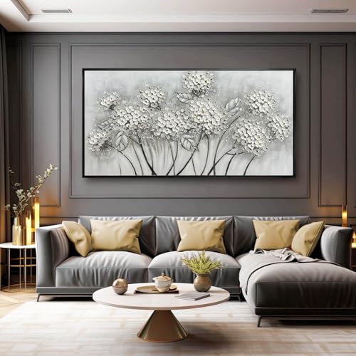 Kureful Large Artwork Flowers Oil Painting Modern Home Decorations Floral Canvas Pictures for Living Room Bedroom Kitchen Office 29" x 58" (White) - color: White, size: 29"x58"
