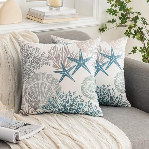Coastal Pillow Covers Set of 2, 22x22, Blue | Soft Velvet Touch, Beach Nautical Starfish Ocean Themed, Decorative Pillow Cases for Bedroom Living Room Sofa - size: 22" x 22" (Pack of 2)