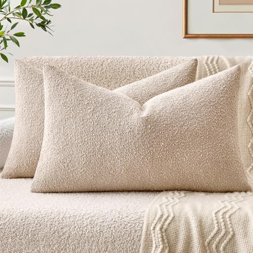 EMEMA Pack of 2, 12 x 20 Inch, Textured Boucle Throw Pillow Covers Cozy Soft Accent Solid Cushion Cases Decorative Oatmeal Pillowcases for Couch Sofa Chair Bedroom Living Room Home Decor - color: Oatmeal, size: 20" x 12" (Pack of 2)