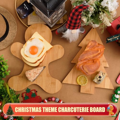 AWIZOM 2 Pcs Christmas Cutting Boards Christmas Tree and Gingerbread Man Shape Charcuterie Boards Bamboo Wood Kitchen Chopping Board Larser Engraved Serving Boards for DIY Housewarming Xmas Presents
