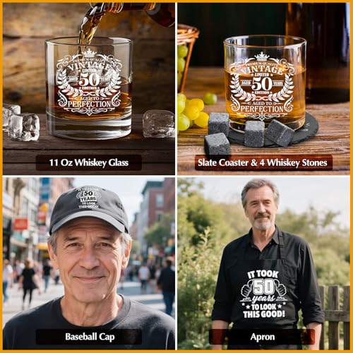 50th Birthday Gifts for Men Whiskey Glass Set, 50th Birthday Party Supplies with 11 Oz Whiskey Glass Coaster Stone Baseball Cap Apron Sock Toilet Paper Keychain for Him, Dad, Husband, Friends - style: 50th Birthday