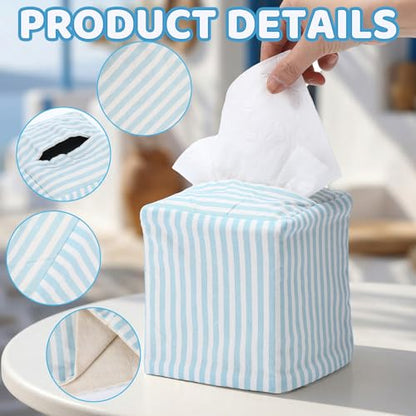 Potchen Tissue Box Cover Square Coastal Blue White Stripe for Bathroom Home | Washable Cotton, Decorative Modern, Fabric Tissue Holder, Stylish Storage, Breathable, Easy to Clean, Bedroom Office