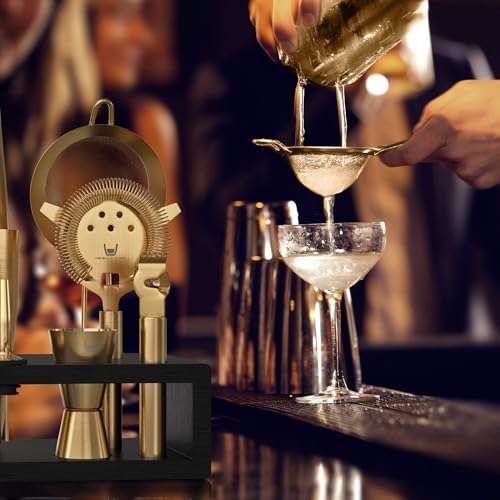 Highball & Chaser Bartender Kit with Black Bamboo Stand Beautiful Cocktail Shaker Set and Bar Tools Stainless Steel Boston Shaker Bartender Kit with Stand (Antique Gold) - color: Antique Gold