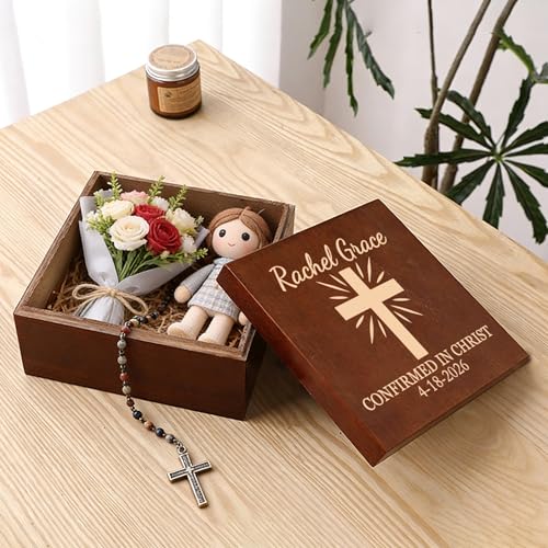 Confirmation Gifts for Boys and Girls Personalized Memory Box for Keepsakes | Custom Confirmation Gift Box, Wooden Storage Box for Jewelry, Trinkets, Mementos & Photos - Custom Name, Date & Cross Design - size: 5.9"L x 5.9"W x 3.9"H, style: Confirmation