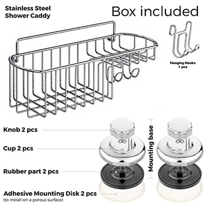 HASKO Shower Caddy Suction Cup, Shower Shelf with Soap Dish and Hooks Organizer, Suction Bathroom Shelf for Storage, Wall Mounted Basket (Polished Stainless Steel SS304) - color: Silver (1 Pack)