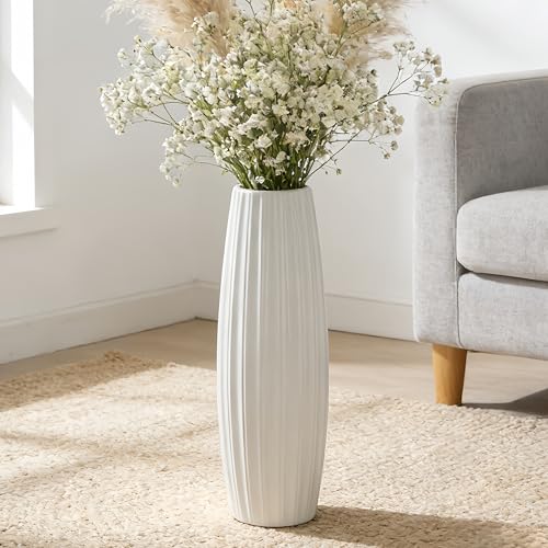 White Tall Ceramic Floor Vase, 17.7 Inch, Ribbed Drum Design | Glossy Glazed Finish, Narrow Corners, Entryway, Bedroom, Compact Spaces - color: Vertical Stripes, size: Height-17.7 Inch