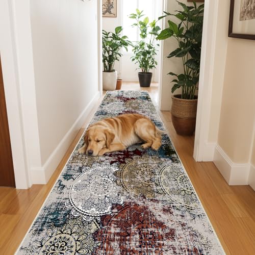 Abstract 2x6 Rug Runners Hallway: Washable Carpet Non Slip Mandala Stamped | Low Pile Soft Indoor Floor Mat Home Decor Front Door for Kitchen Bedroom Entryway Laundry Red/Green/Multi Housewarming Gifts - color: Red/Green/Multi, size: 2' x 6' (Rectangular)