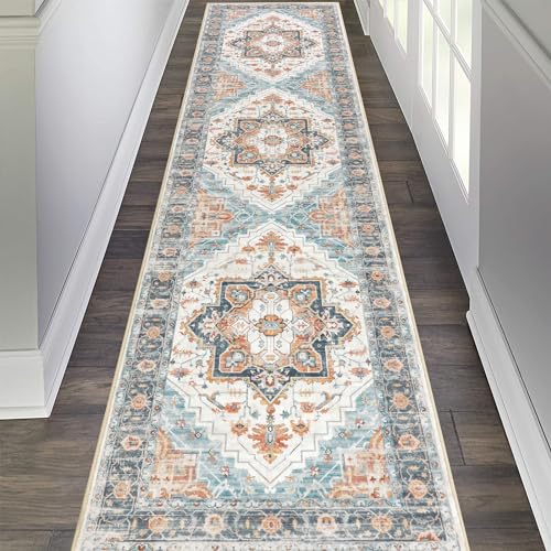 Pauwer Vintage Floral 2x8 Runner Rug, Non Slip Hallway Rug Runner, Blue | Machine Washable, Faux Wool, Low-Pile, Non-Shedding, Soft Distressed Floor Carpet For Entryway, Laundry, Bedroom, Kitchen - color: Blue, size: 2' x 8' (Runner)