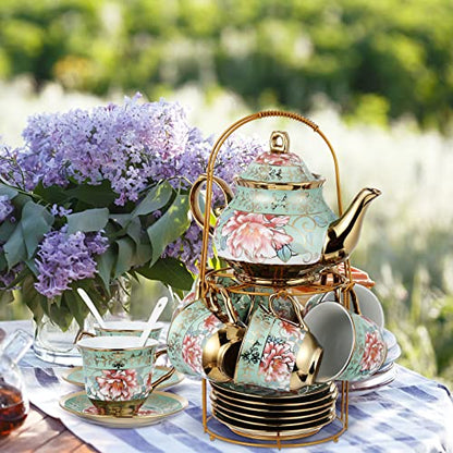 Zhehao 20 Pcs Porcelain Tea Set with Metal Holder and Spoon Adult Ceramic Tea Set European Flower Painting Teapot Cup Saucer Spoon for Women Mom Gift, Large Version (Fresh Style) - color: Fresh Style